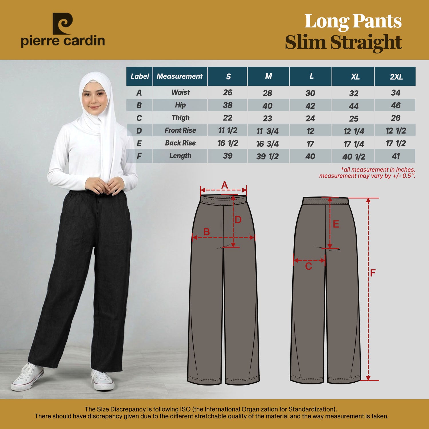PIERRE CARDIN LADIES ELASTIC WAIST LONG PANTS [SLIM STRAIGHT] PC0087