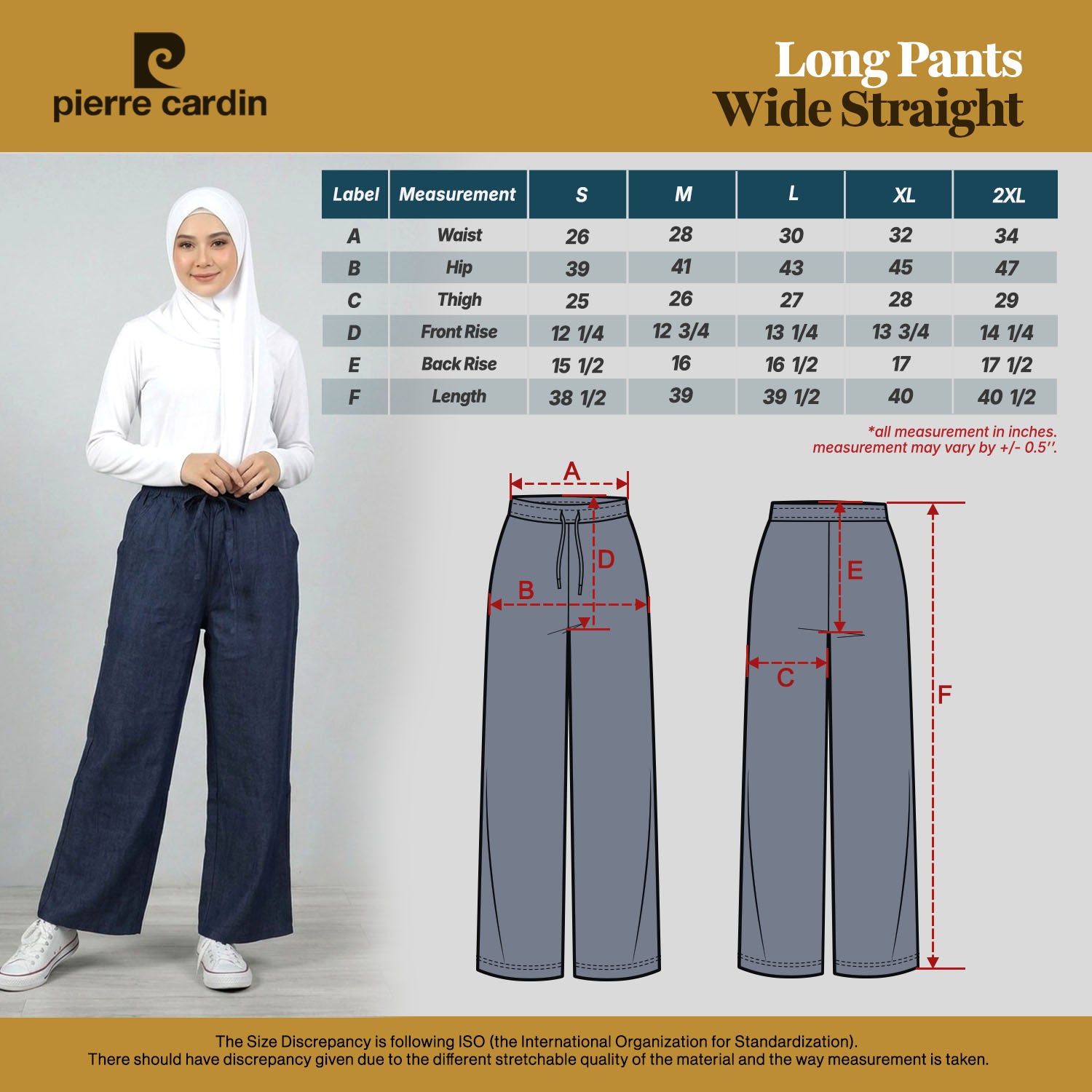 PIERRE CARDIN LADIES ELASTIC DRAWSTRING WAIST LONG PANTS [WIDE STRAIGHT] PC0088