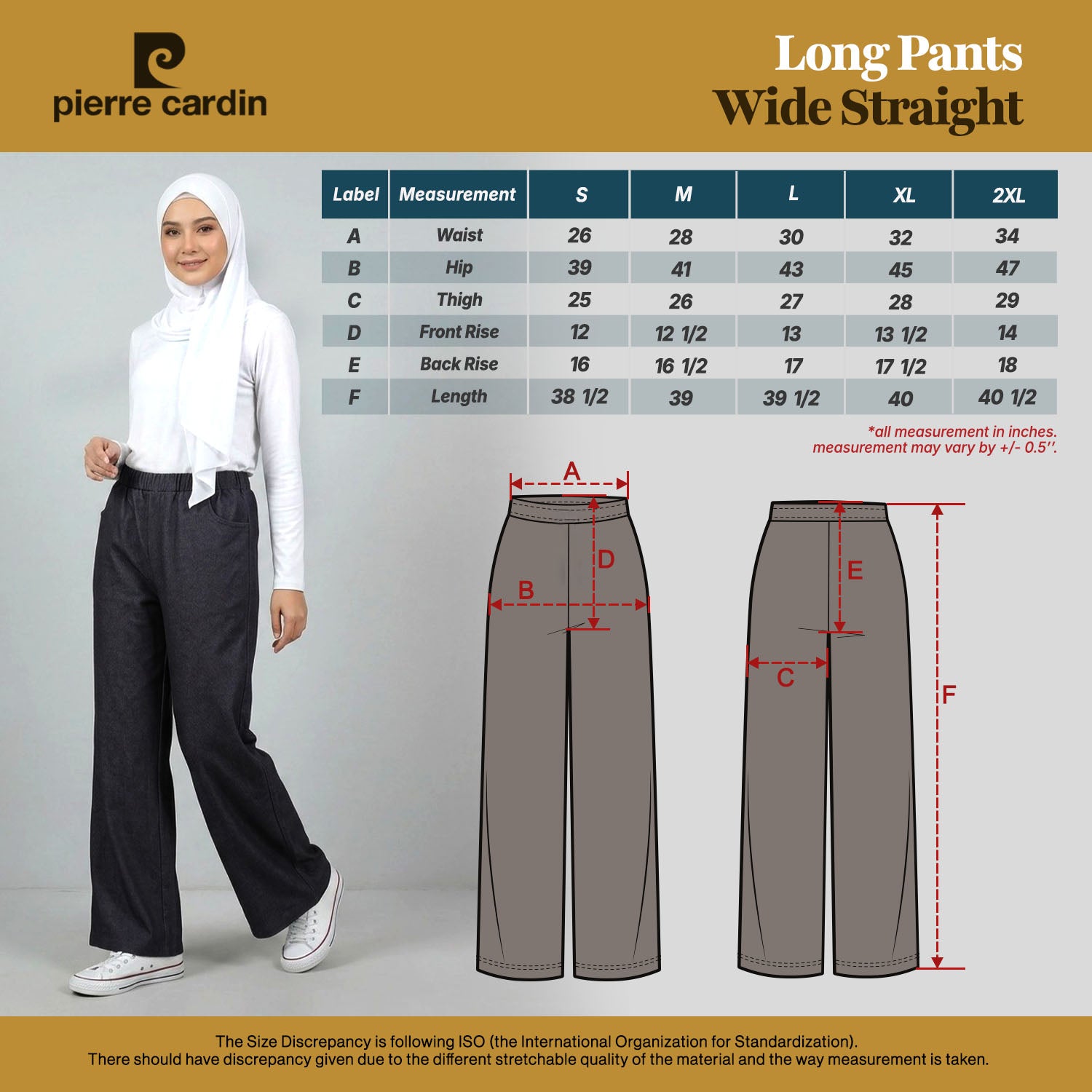 PIERRE CARDIN LADIES ELASTIC WAIST LONG PANTS [WIDE STRAIGHT] PC0090