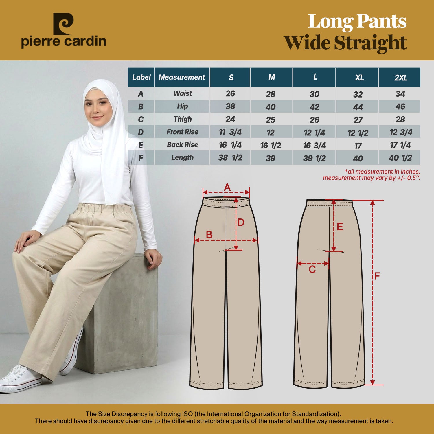PIERRE CARDIN LADIES ELASTIC WAIST LONG PANTS [WIDE STRAIGHT] PC0091