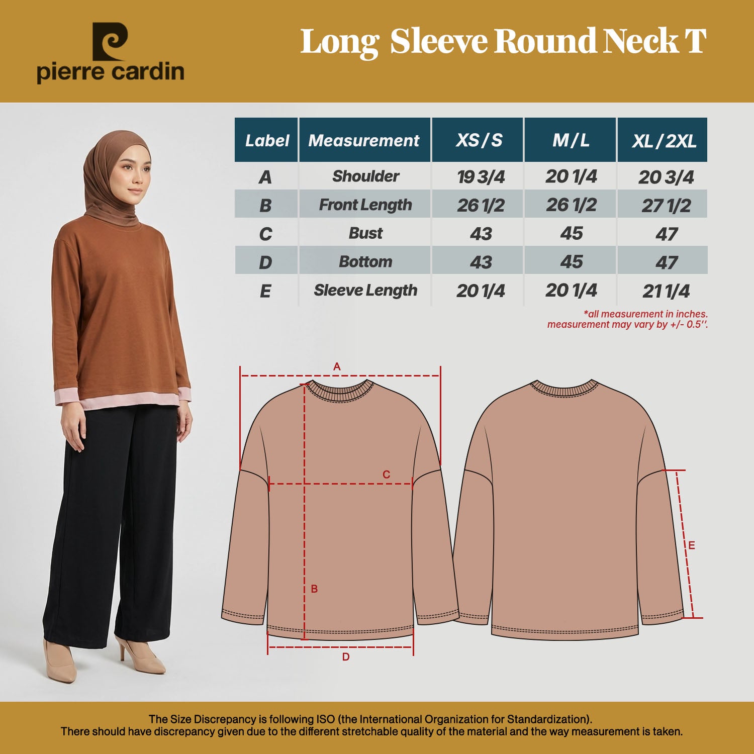 PIERRE CARDIN LADIES LONG SLEEVE ROUND NECK T SHIRT [OVERSIZE] PC0030